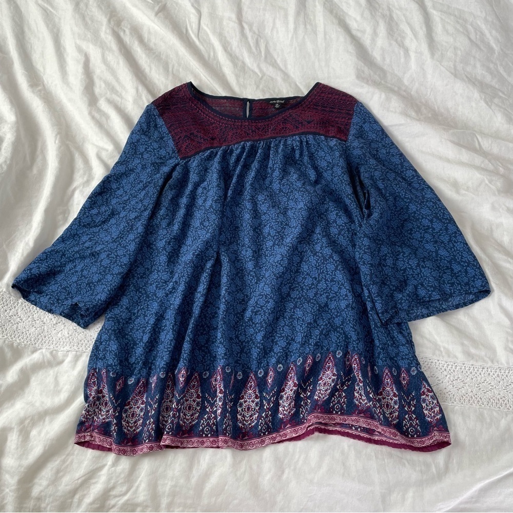 Lucky Brand 2X Border Print Peasant Top Lace Blue Swing - Picture 3 of 9